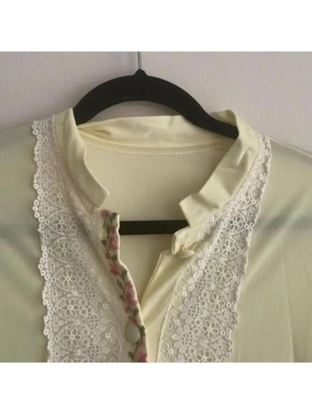 Vintage Yellow Button Down Pink Floral Embroider Lacer Trim Nightgown Lingerie